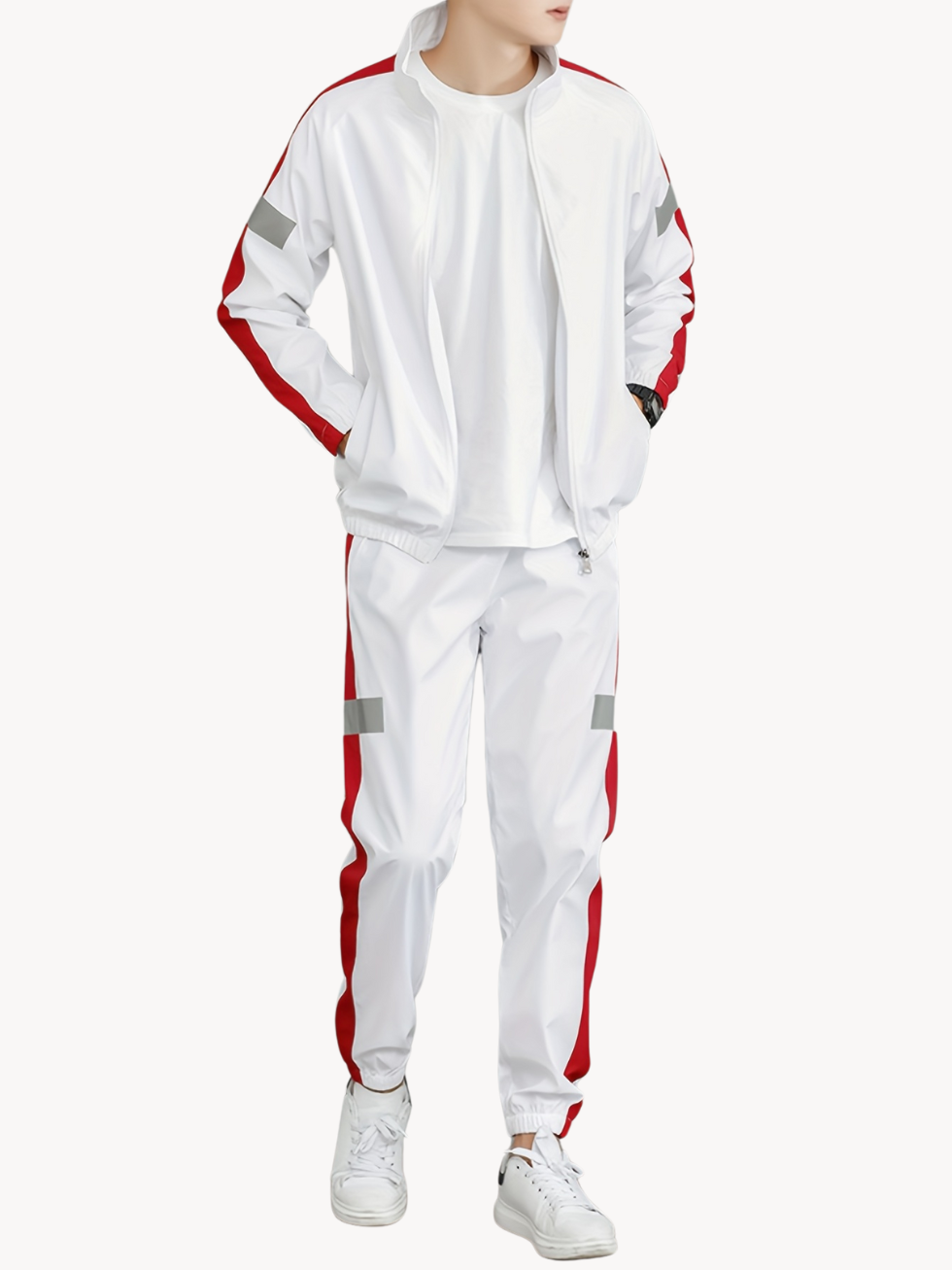 MARCEL – Herren Zweiteiler mit Reißverschlussjacke und Jogginghose im Colorblock-Design - Weiß