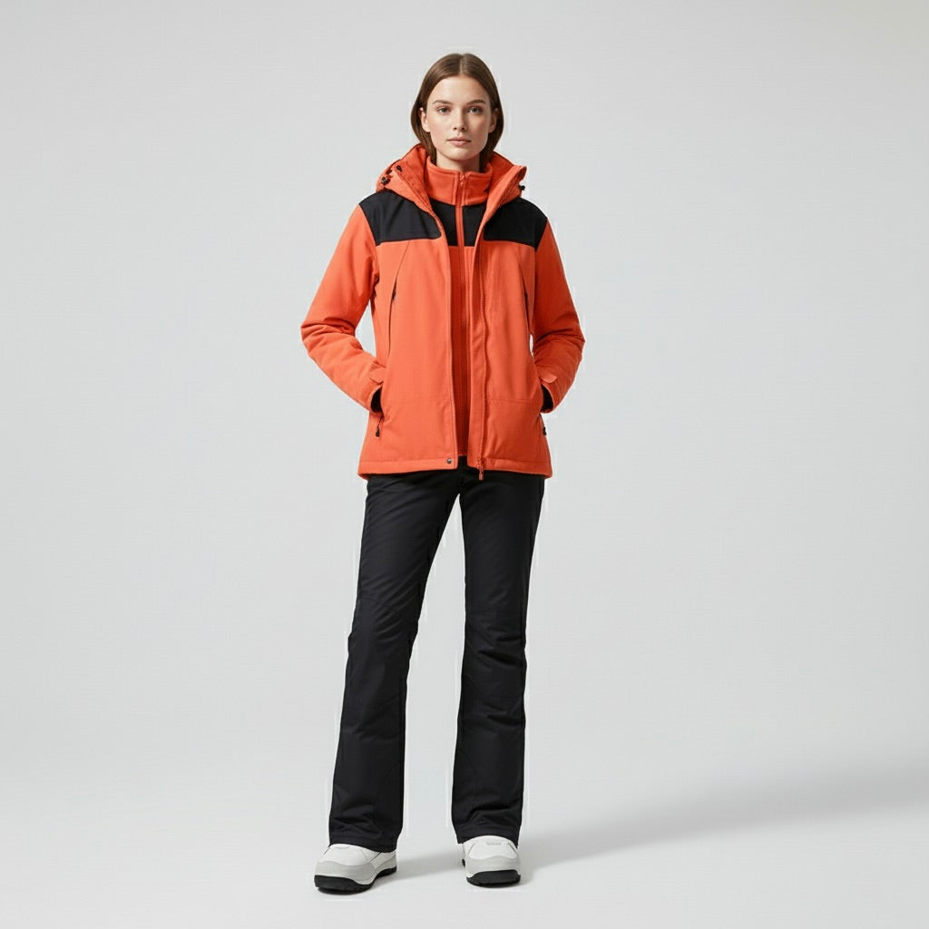 Aurélie – Damen Softshelljacke und Skihosen Set – Mit Kapuze – Orange