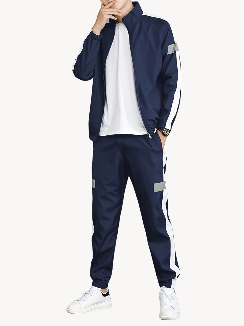 MARCEL – Herren Zweiteiler mit Reißverschlussjacke und Jogginghose im Colorblock-Design - Marineblau