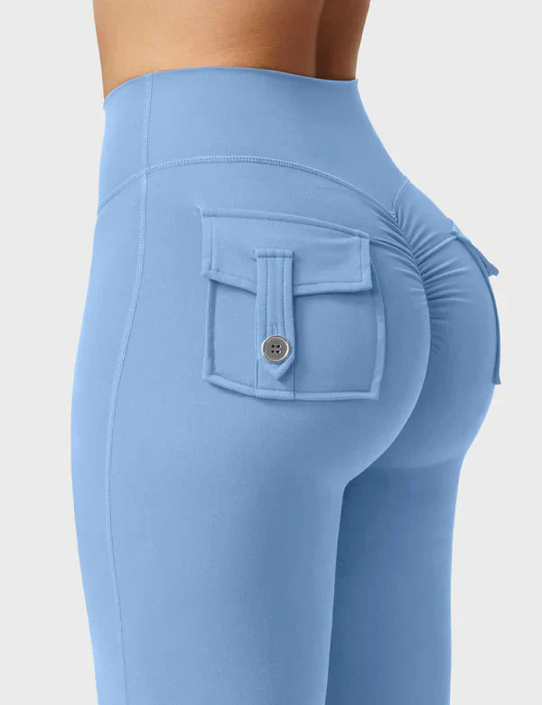 VANY - Flared Leggings mit Taschen & V-Raffung - Hellblau