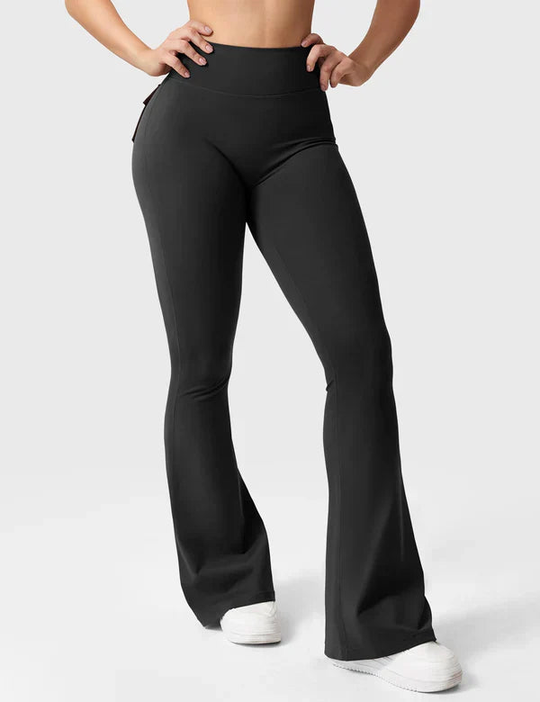 VANY - Flared Leggings mit Taschen & V-Raffung - Schwarz